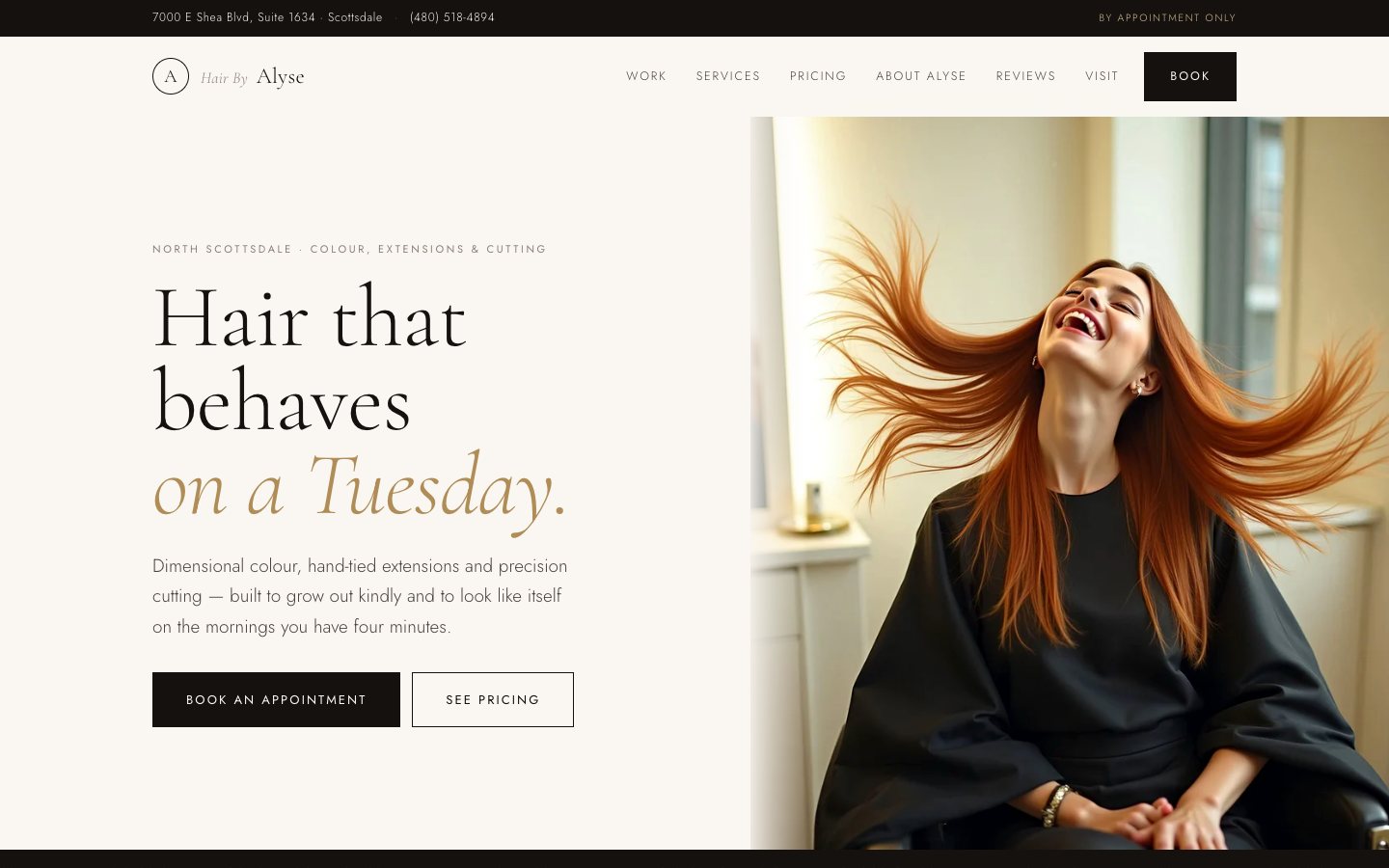 Hair By Alyse — the homepage we built: the headline and both calls to action on the left, a client laughing in the chair on the right